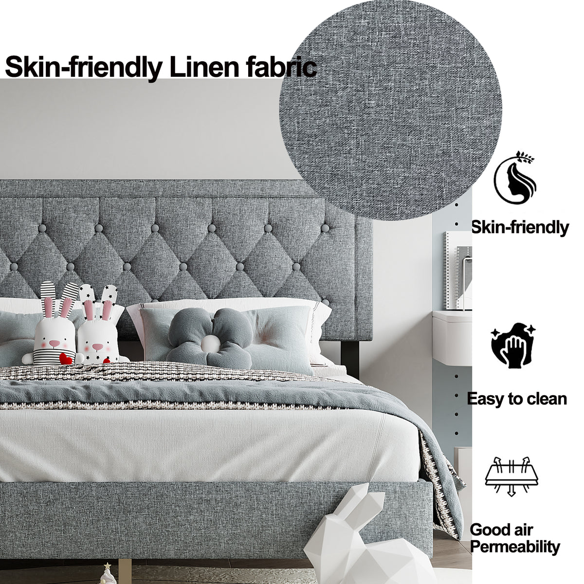 Queen size Panel Bed Frame with Adjustable Button-Tufted Headboard for Bedroom/Linen Upholstered/Wood Slat Support/Easy Assembly,Light Grey W1793140496-djyc