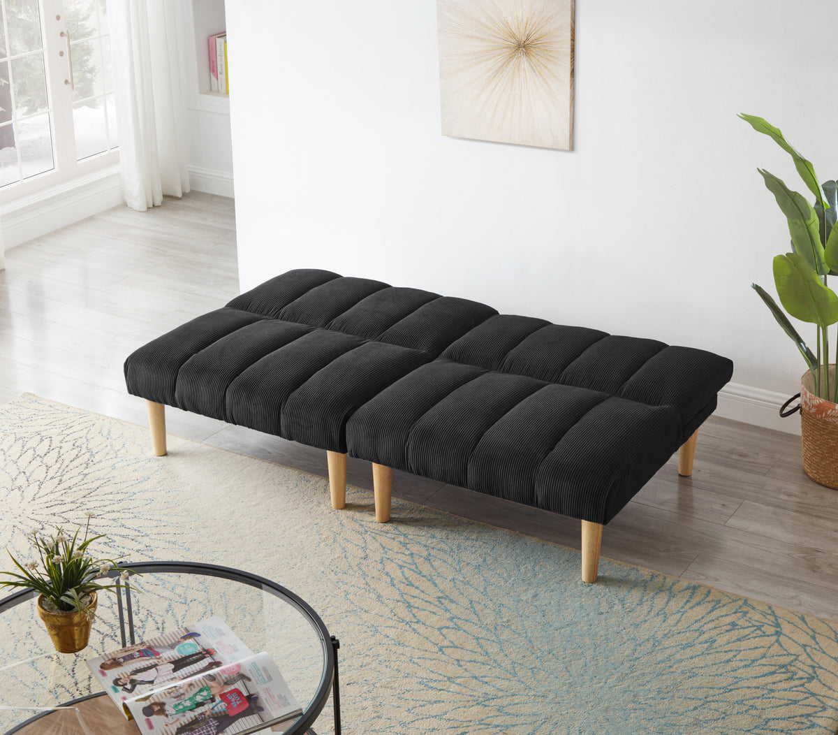 Corduroy fabric, wooden legs convertible sofa bed (Color:Black) W1669P156118-djyc