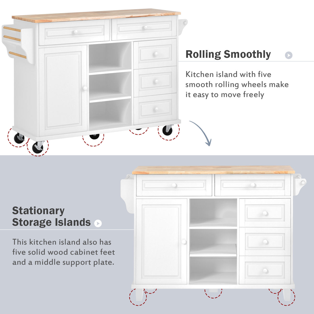 Kitchen cart with Rubber wood desktop rolling mobile kitchen island with storage and 5 draws 53 Inchlength(White) WF297003AAW-djyc