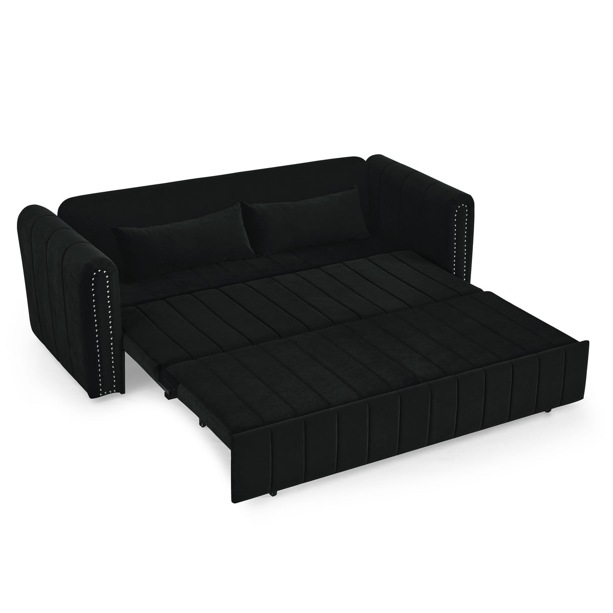 3 in 1 Pull-Out Bed Sleeper, Modern Upholstered 3 Seats Lounge Sofa & Couches with Rolled Arms Decorated with Copper Nails , Convertible Futon 3 Seats Sofabed with Two Drawers and Two Pillows W487S00215-djyc