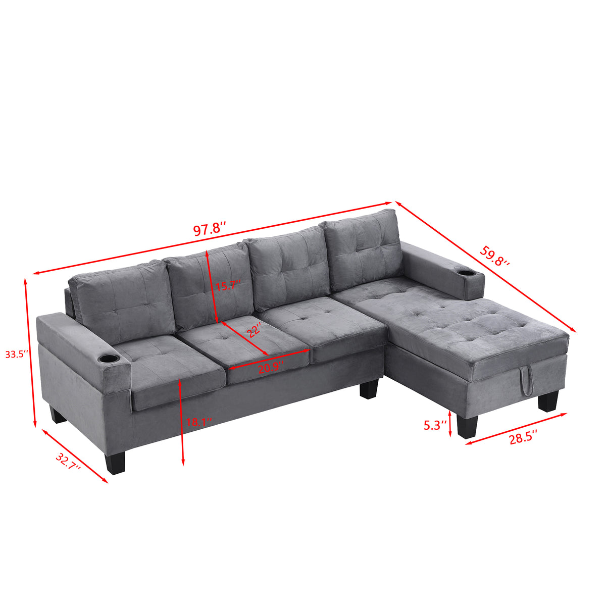 Sectional Sofa Set for Living Room with L ShapeChaise Lounge ,cup holder andRightHand with Storage ChaiseModern 4 Seat (Grey) --RIGHT CHAISE WITH STORAGE K214S00003-djyc