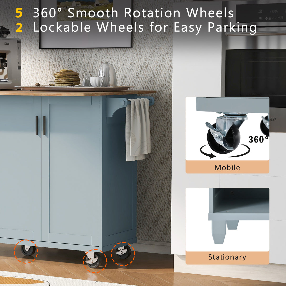 K&K Kitchen Island with Foldable Counter Top, Kitchen Storage Cart with Slide-Out Shelf, Towel Rack and Drawer, Rolling Kitchen Cart on Wheels, for Kitchen, Living Room, Dining Room, Grey Blue N707P173036G-djyc