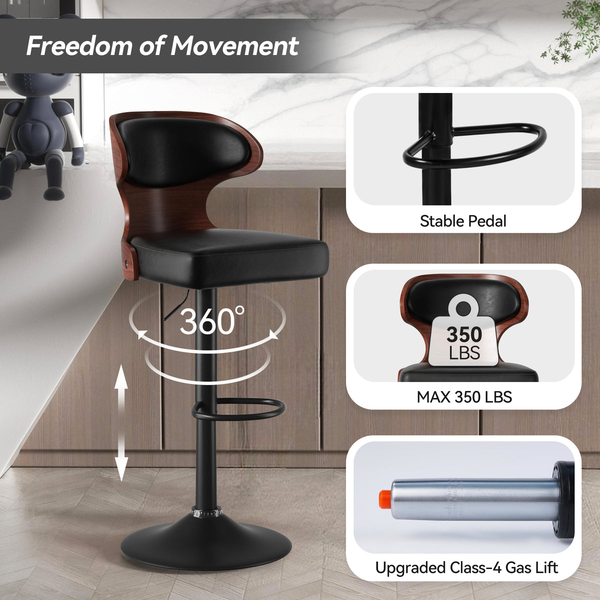 360-Degree Swivel Bar Stool: Height Adjustable & Waterproof Design FU01024-wz