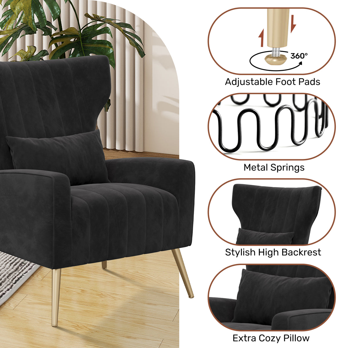 Fashionable High-Back Velvet Upholstered Armchair: High-Density Foam & Adjustable Feet FU01055-wz