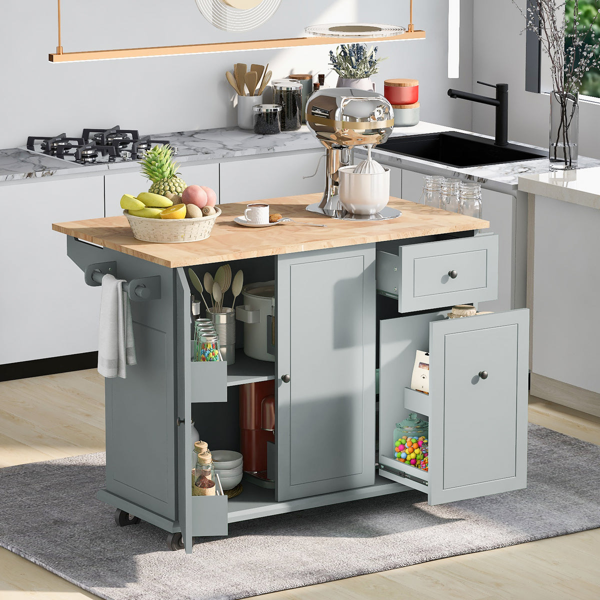 Kitchen Island with Drop Leaf, 53.9" Width Rolling Kitchen Cart on Wheels with Internal Storage Rack and 3 Tier Pull Out Cabinet Organizer, Kitchen Storage Cart with Spice Rack, Towel Rack (Grey Blue) WF312383AAG-djyc