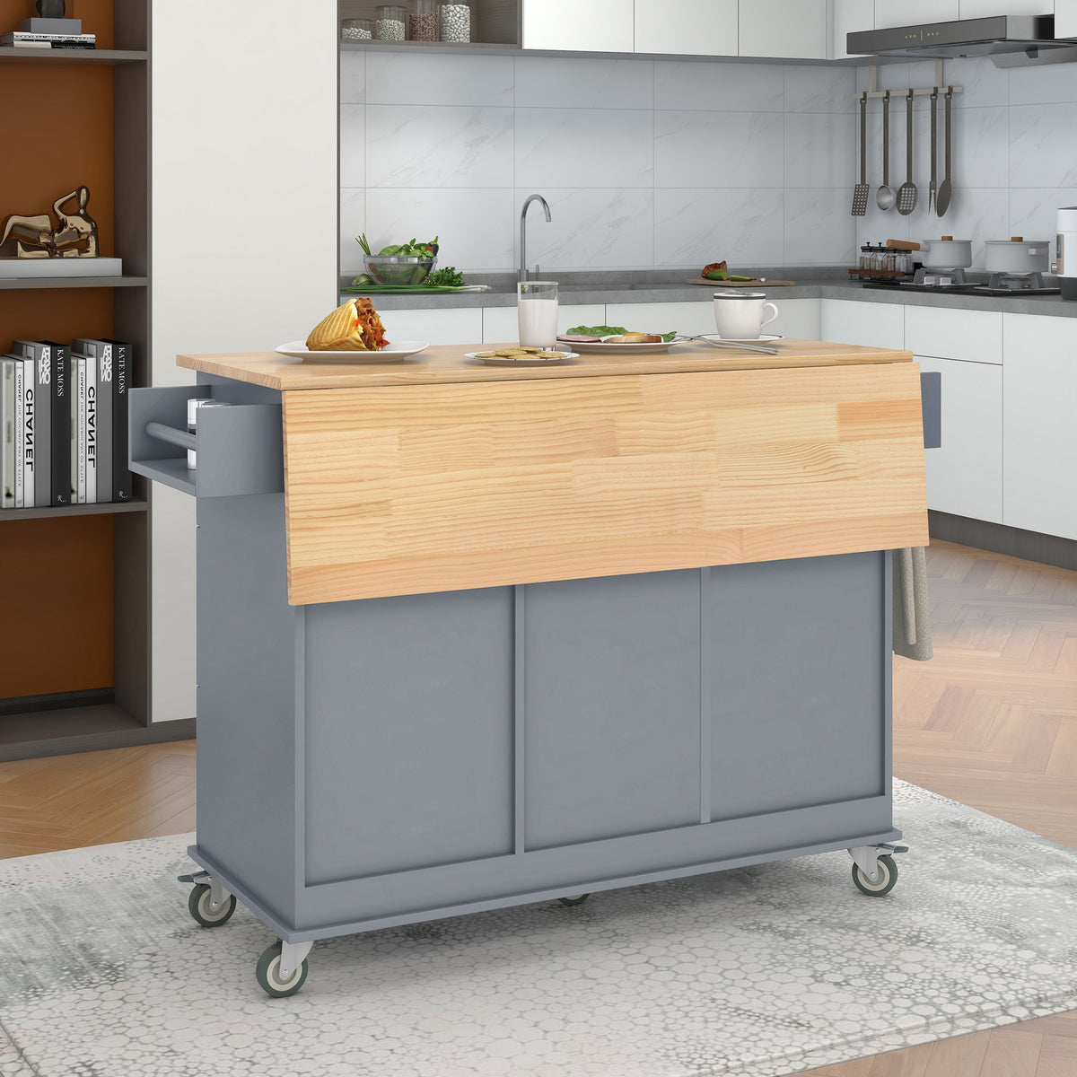 Rolling Mobile Kitchen Island with Solid Wood Top and Locking Wheels,52.7 Inch Width,Storage Cabinet and Drop Leaf Breakfast Bar,Spice Rack, Towel Rack & Drawer (Grey Blue) WF287035AAG-djyc