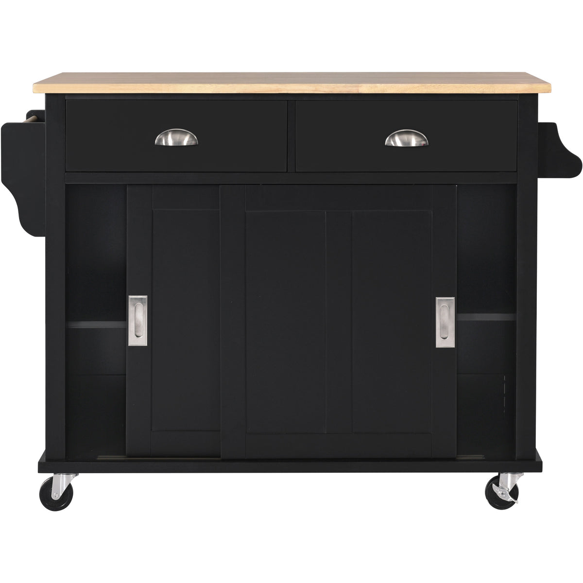 Kitchen Cart with Rubber wood Drop-Leaf Countertop, Concealed sliding barn door adjustable height,Kitchen Island on 4 Wheels with Storage Cabinet and 2 Drawers,L52.2xW30.5xH36.6 inch, Black SK000001AAB-djyc