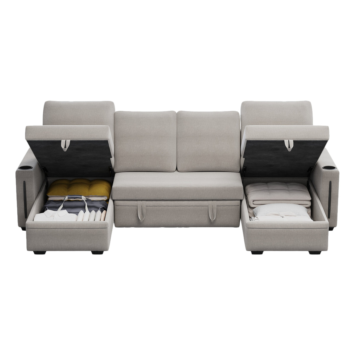 Sectional Sofa with Storage, 96" U Shaped Sectional Couches for Living Room, Comfy Convertible Sectional Sofa- Beige W1669S00007-djyc