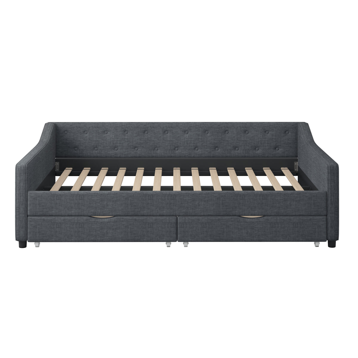 Full Size Daybed with Drawers Upholstered Tufted Sofa Bed, with Button on Back and Piping on Waved Shape Arms-Dark Grey W2336S00006-djyc