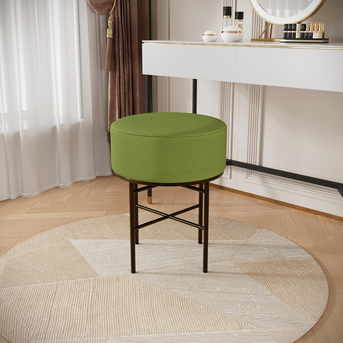 2 pcs Round Cushioned Vanity Stool, Linen Upholstered Vanity Stool for Makeup Room, Modern Soft Stool for Bar and Dining, Ottoman Footrest Stool with Metal Legs for Living Room, Bedroom(Matcha Green) W2557P180260-djyc