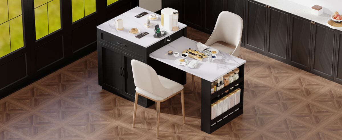 K&K 82.7 inch Kitchen Island with Extendable Dining Table for 4-6 Person,Faux Mable Kitchen Table with Double-sized Storage,Power Outlet,Kitchen island with Storage 2 Drawers 2 Side Open Shelves,Black N707S000010B-djyc