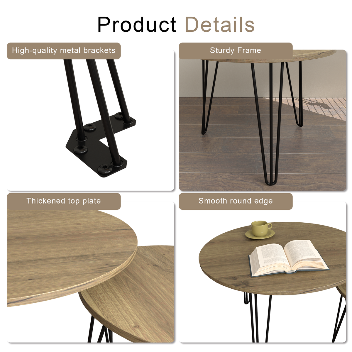 27.56'' Round Nesting Coffee Table Set of 2, Circular Nesting End Table Set, Round Wooden Tabletop, and Sturdy Metal Base for Living Room, bedroom, Brown W808P176732-djyc