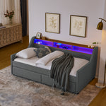Twin Size Upholstery Sofa Bed with Three LED lights, with Storage Adjustable Headboard, with Two Storage Pull Up drawers and Wireless Charging, Linen Padded Sofa Bed frame, Grey W1413S00055-djyc