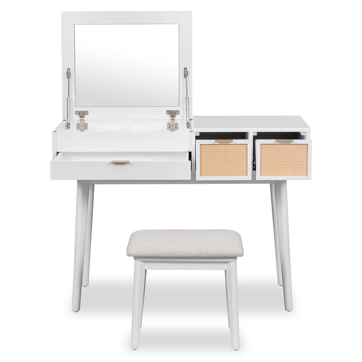 43.3" Classic Wood Makeup Vanity Set with Flip-top Mirror and Stool, Dressing Table with Three Drawers and storage space, White WF305498AAK-djyc