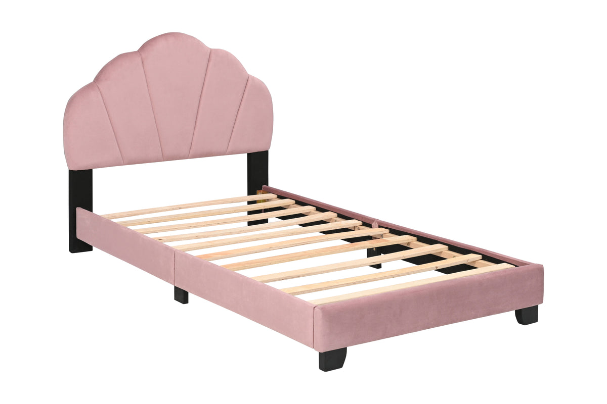 Upholstered Twin Size Platform Bed for Kids, Wooden Bed Frame with Slatted Bed Base, No Box Spring Needed, Cute Bed Frame with Shell Design Headboard for Girls Boys Teens, Pink W1998124486-djyc