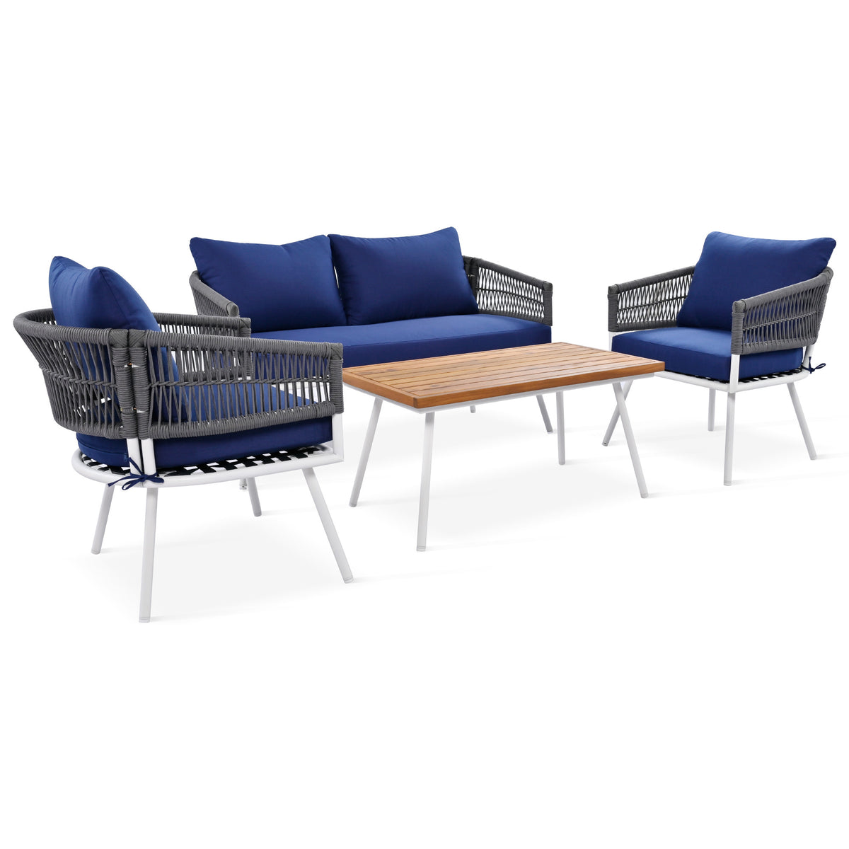 K&K 4-Piece Boho Rope Patio Furniture Set, Outdoor Furniture with Acacia Wood Table, Patio Conversation Set with Deep Seating & Thick Cushion for Backyard Porch Balcony, Navy Blue SK000004AAE-djyc