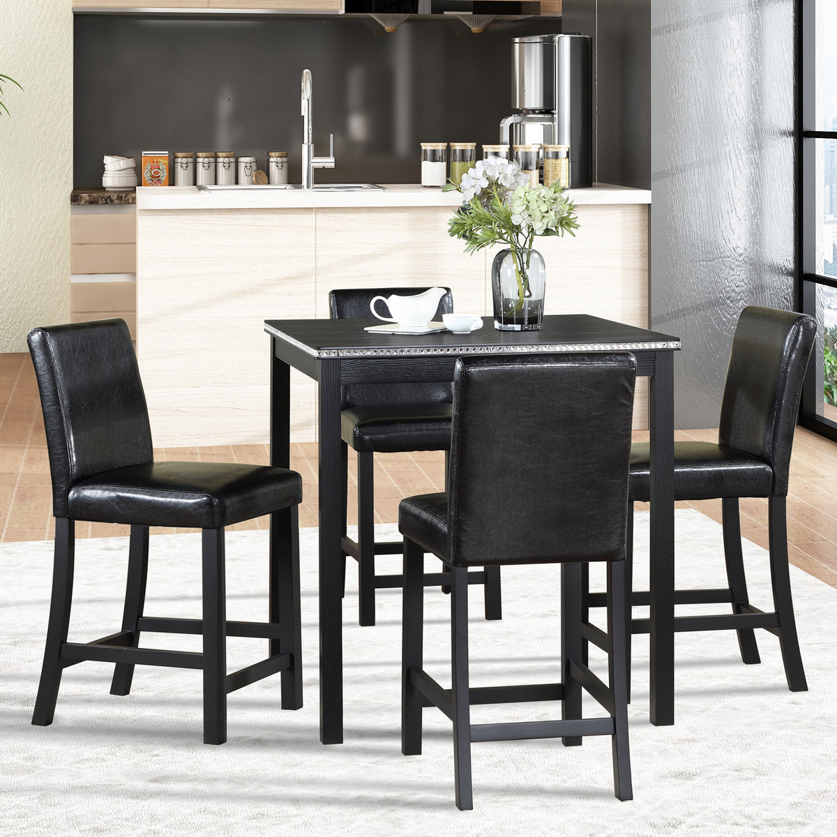 5 Piece Counter Height Table Set, Wooden Kitchen Table Set with Square Table and 4 Upholstered Chairs, Counter Height Dining Table with Crystal Decoration and Chair Set for Kitchen, Dining Room,Black W1998S00038-djyc