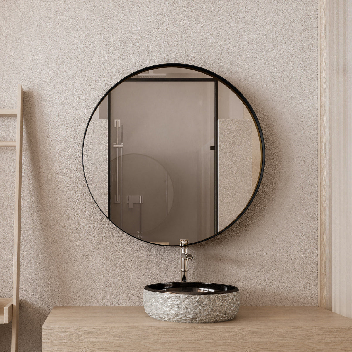 31.5 Inch Surface Mount Round Metal Framed Medicine Cabinet with Mirror and Adjustable Shelves Black Wall Mirror with Storage for Bathroom, Matte Black W1435P194674-djyc