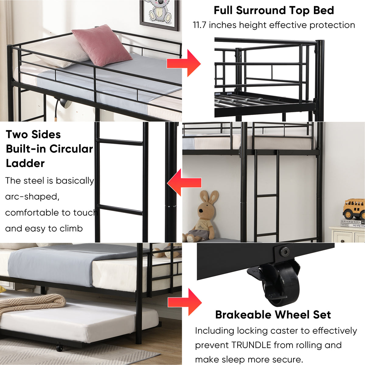 Over Twin Bunk Bed Frame with Trundle,Metal Bunkbed with Sturdy Guard Rail and 2 sideLadders for Kids/Adults,Can be Divided Into Two Beds, No Box Spring Needed, Noise Free for Dorm,Black W1916115338-djyc