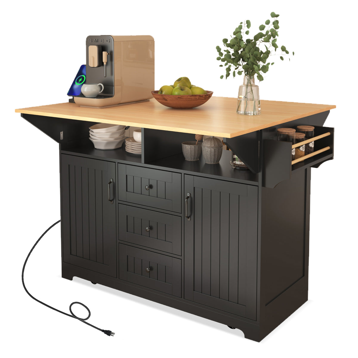 K&K 55.7'' Large Kitchen Island with 2 Drop Leaf,, Rolling Kitchen Cart on 5 Wheels with Power Outlet, Folding Storage Dining Table with Spice & Towel Rack , 3 Drawers, for Kitchen, Dining Room,Black N707P186617B-djyc