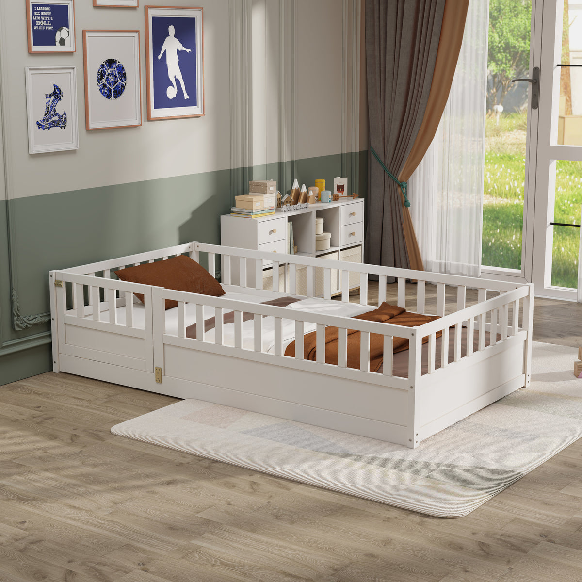 Twin Size Floor bed, integral construction with super high security barrier, door, children's floor bed frame, Montessori wooden children's floor bed, white W1858P164923-djyc