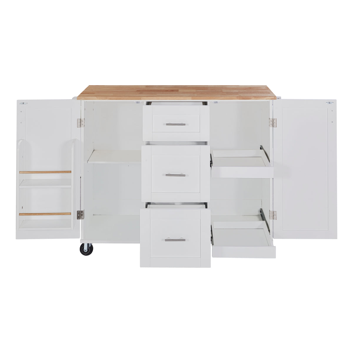 K&K Rolling Kitchen Island with Storage, Kitchen Cart with Rubber Wood Top, 3 Drawer, 2 Slide-Out Shelf and Internal Storage Rack, Kitchen Island on Wheels with Spice Rack & Tower Rack, White WF316599AAW-djyc