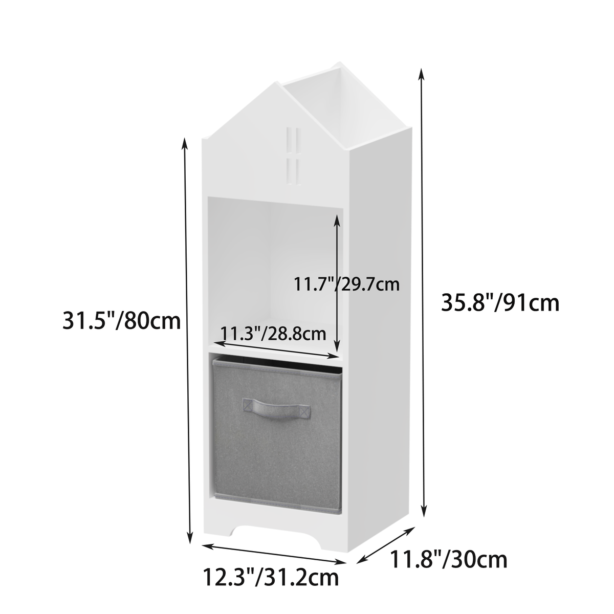 Kids Dollhouse Bookcase with Storage, 2-Tier Storage Display Organizer, Toddler Bookshelf with Collapsible Fabric Drawers for Bedroom or Playroom (White/Gray) W808122617-djyc