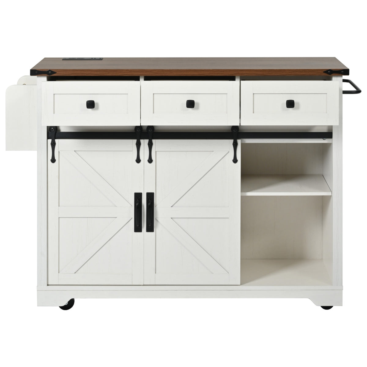 K&K 53.7" Farmhouse Kitchen Island with Power Outlet, 2 Sliding Barn Door Kitchen Storage Island with Drop Leaf, Spice Rack Rolling Kitchen Cart on Wheels, for Home, Kitchen and Dining Room, White N707P170347W-djyc