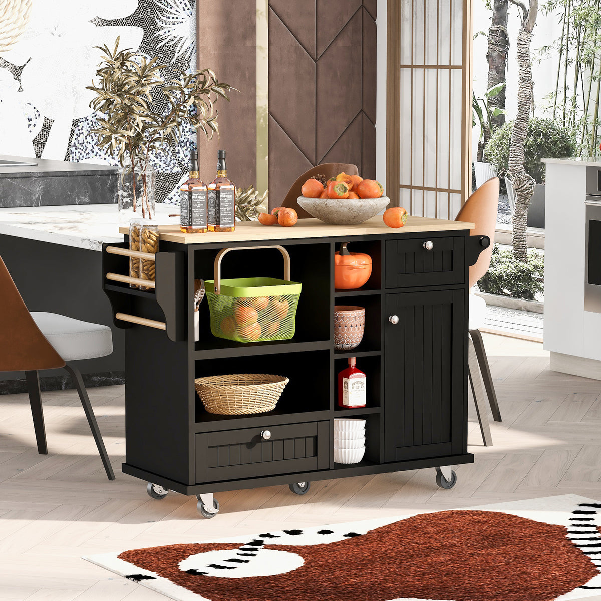 Kitchen Island Cart with Storage Cabinet and Two Locking Wheels,Solid wood desktop,Microwave cabinet,Floor Standing Buffet Server Sideboard for Kitchen Room,Dining Room,, Bathroom(Black) WF296670AAB-djyc