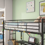 Twin Metal Loft Bed with Desk, Power Outlet and LED Lighted , Safety Guard & Ladder, No Box Spring Needed, Black W840P192240-djyc