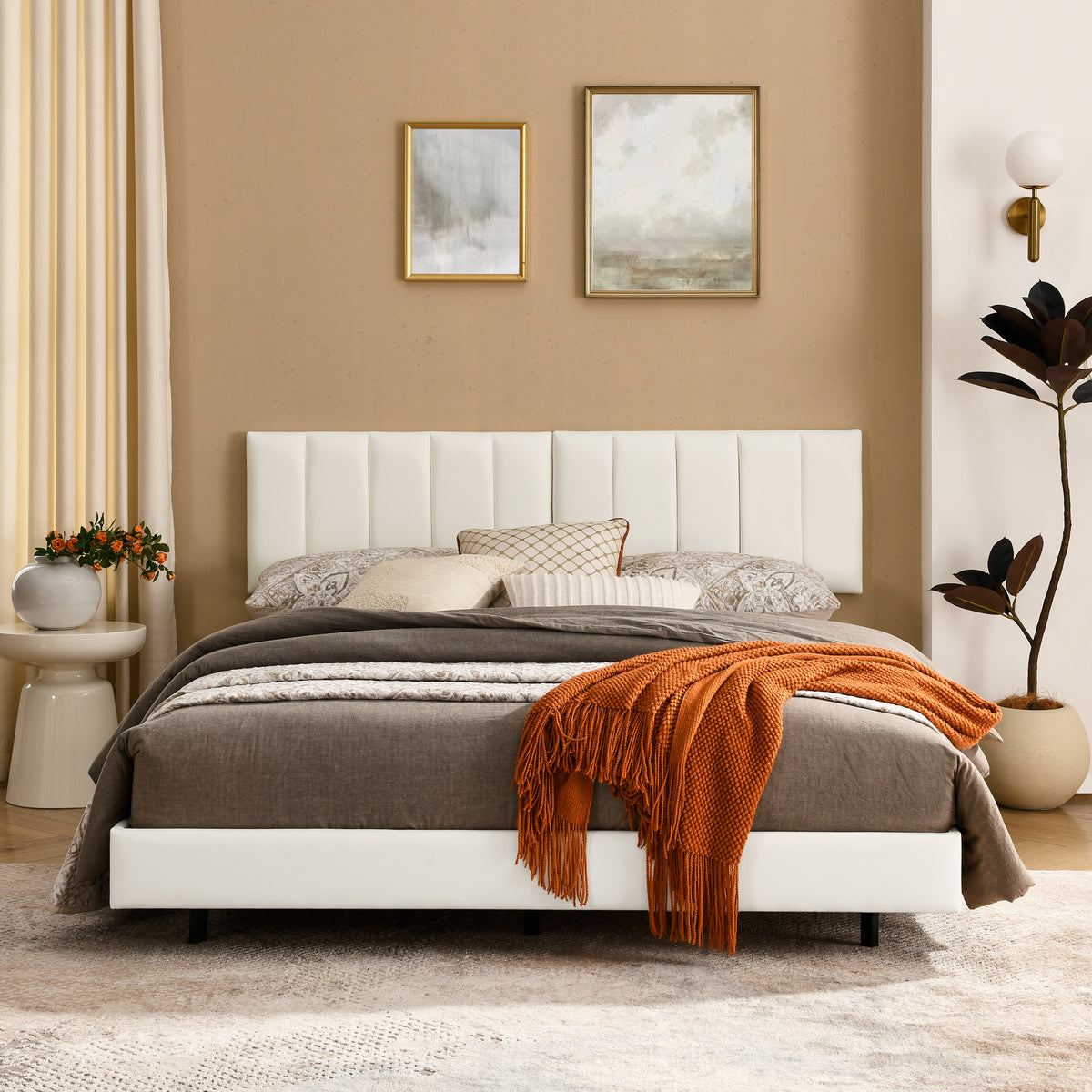 Queen Floating Bed Frame with Wall Mounted Headboard Modern Low Profile Platform Bed Frame Queen Size Faux Leather Upholstered Platform Bed Frame,No Box Spring Needed,White W487P169720-djyc