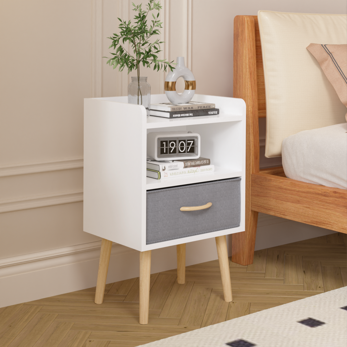 Nightstand With Collapsible Fabric Drawer, 2-Tier Storage End Table, Wood Side Table with Storage Cabinet for Kids, Adults - White W808P147114-djyc