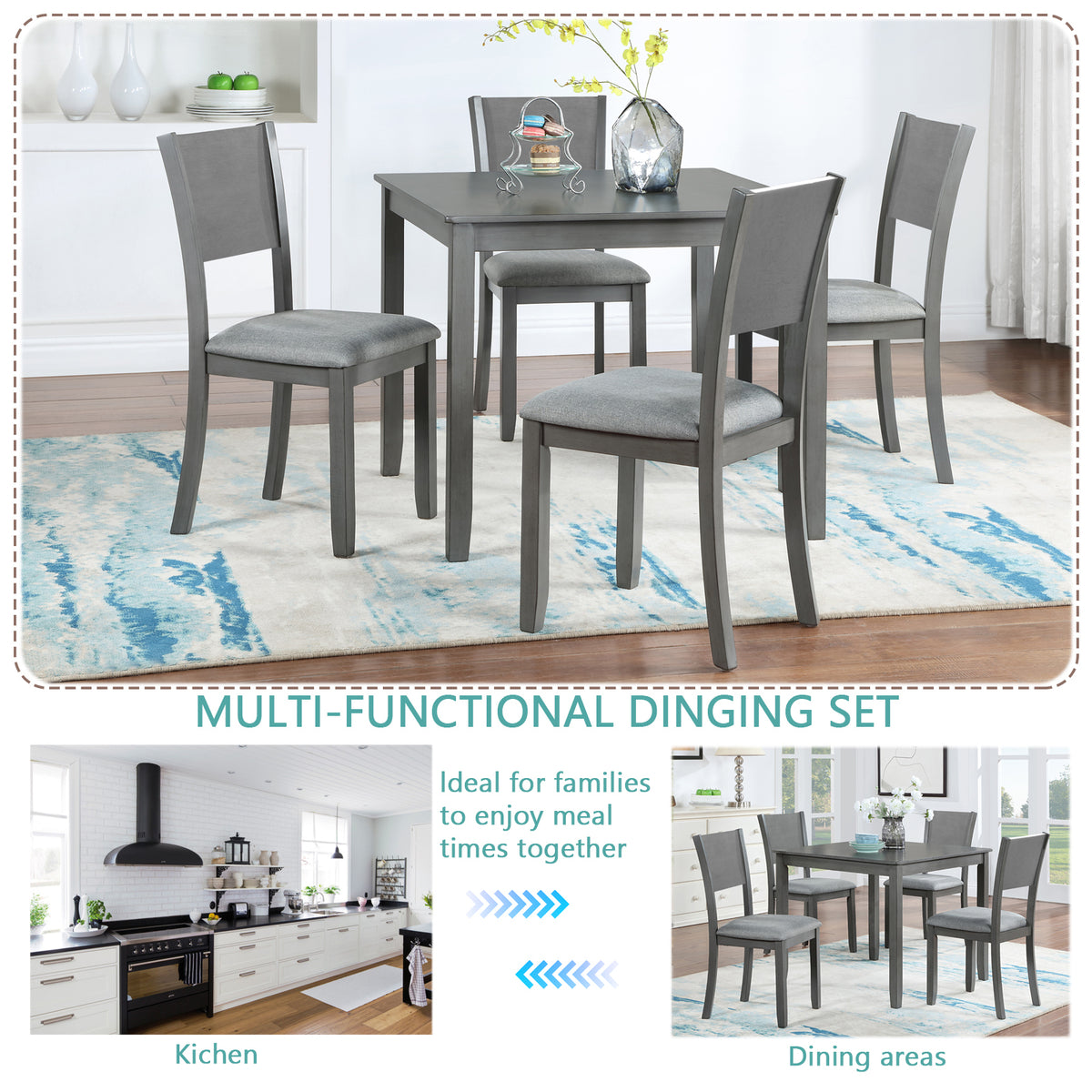 5 Piece Modern Dining Set, Square Wooden Dining Table with 4 Upholstered Chairs for Kitchen, Dining Room, Gray W1998S00056-djyc