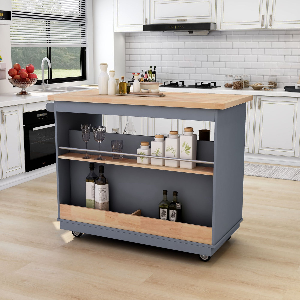 Rolling Kitchen Island with Storage, Two-sided Kitchen island Cart on Wheels with Wood Top, Wine and Spice Rack, Large Kitchen Cart with 2 Drawers, 3 Open Compartments, Grey Blue WF318964AAG-djyc