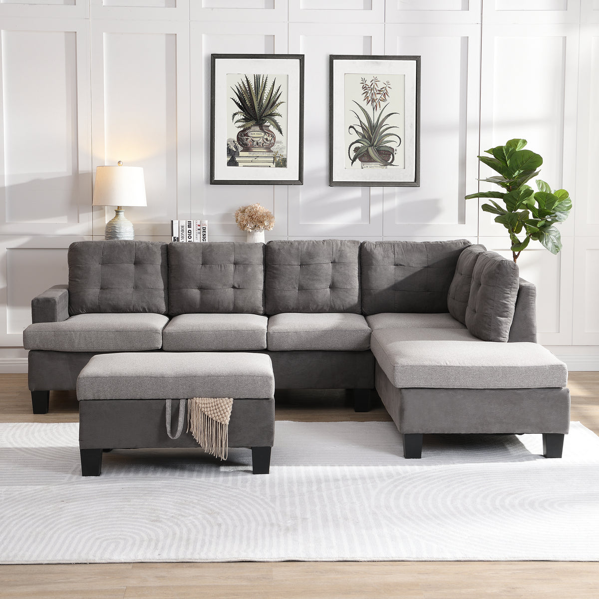 Sofa Set for Living Room with Chaise Lounge and Storage Ottoman Living Room Furniture Gray W214S00018-djyc