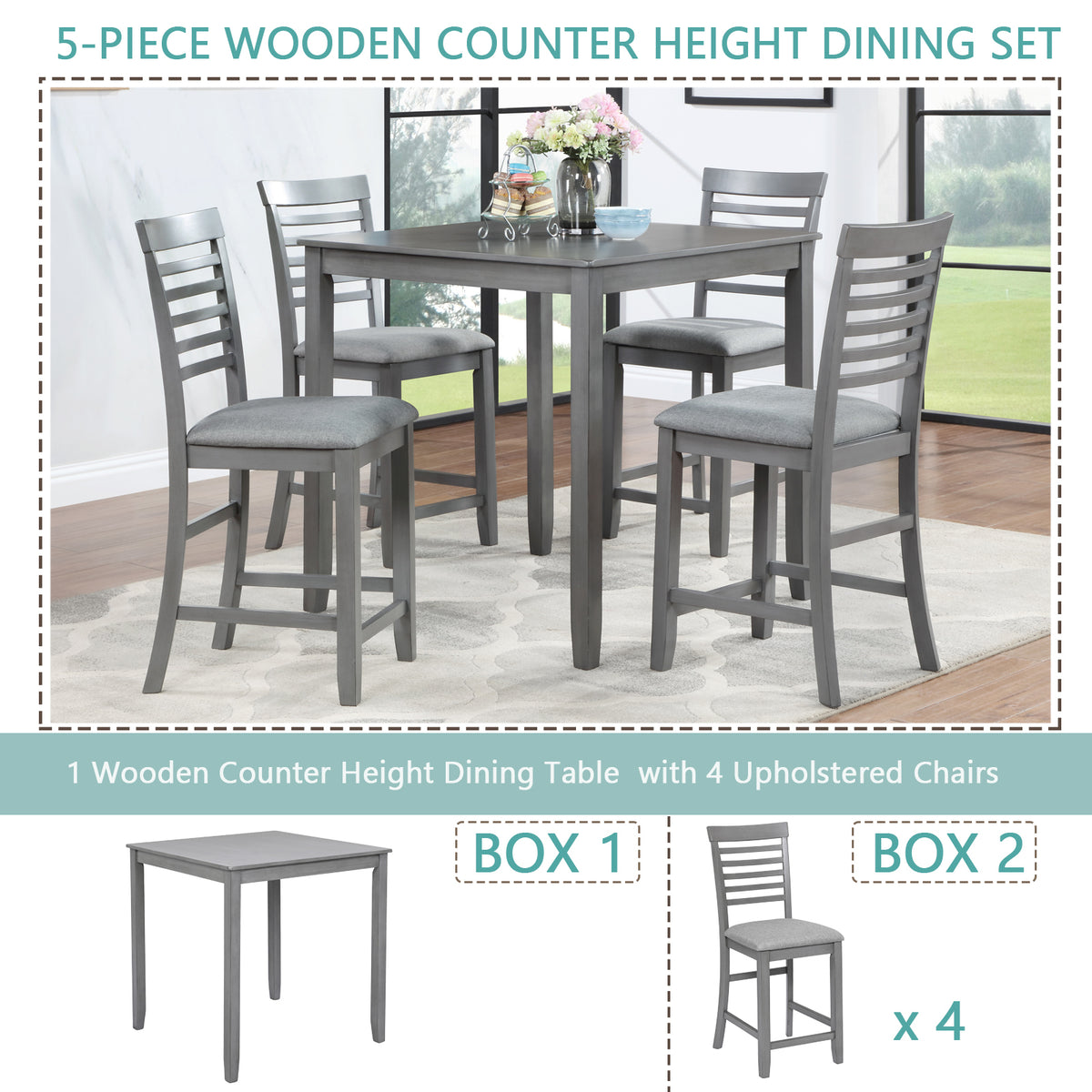 5 Piece Dining Table Set, Wooden Dining Square Table Set for 4, Counter Height Kitchen Table Set with Square Table and 4 Upholstered Chairs for Small Space, Gray W1998S00029-djyc