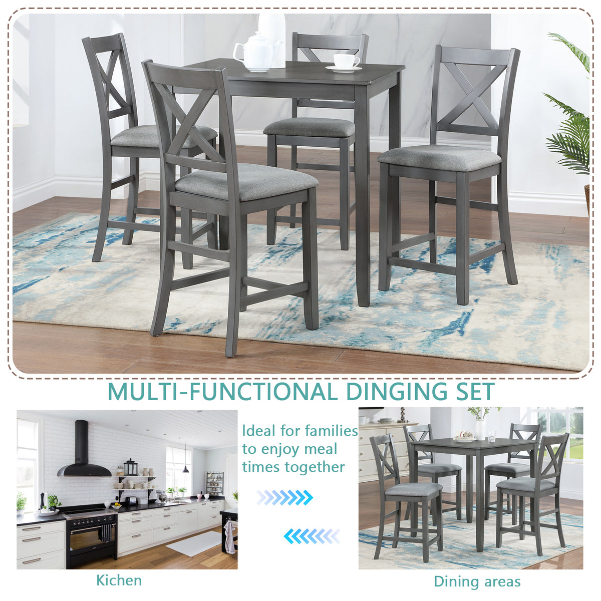 5 Piece Dining Table Set, Wooden Dining Square Table Set for 4, Counter Height Kitchen Table Set with Square Table and 4 Upholstered Chairs for Small Space, Gray W1998S00028-djyc