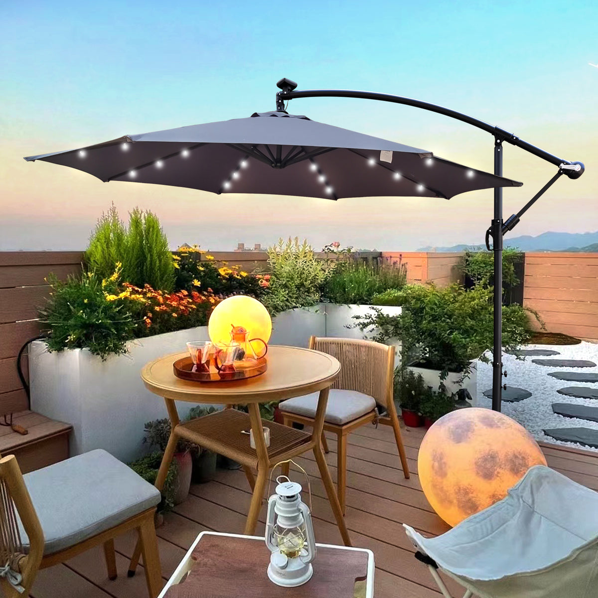 10 ft Outdoor Patio Umbrella Solar Powered LED Lighted Sun Shade Market Waterproof 8 Ribs Umbrella with Crank and Cross Base for Garden Deck Backyard Pool Shade Outside Deck Swimming Pool W65642337-djyc