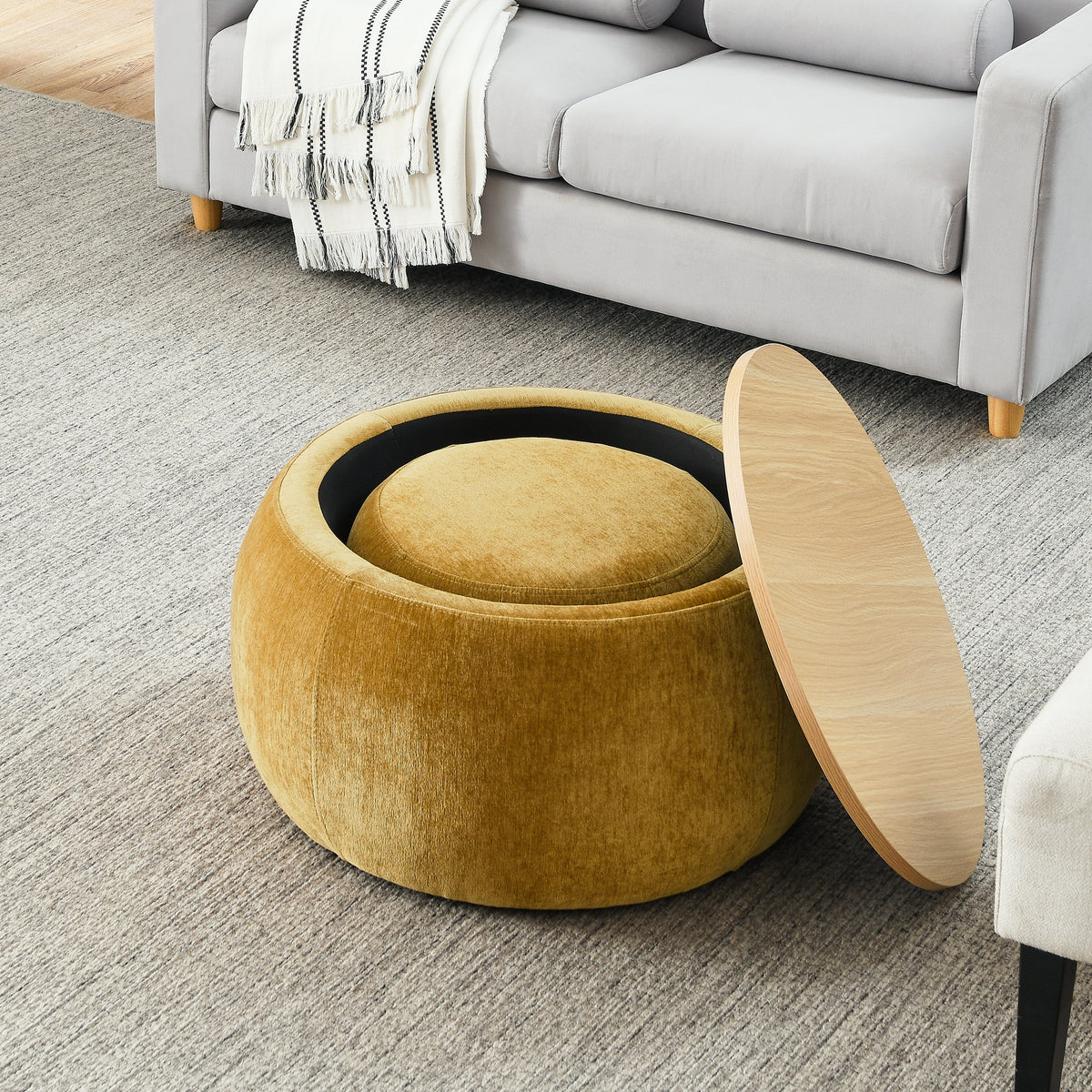 Round Storage Ottoman, 2 in 1 Function, Work as End table and Ottoman,with small seat,Dark yellow(25"x25"x14.7") ow W487P165700-djyc