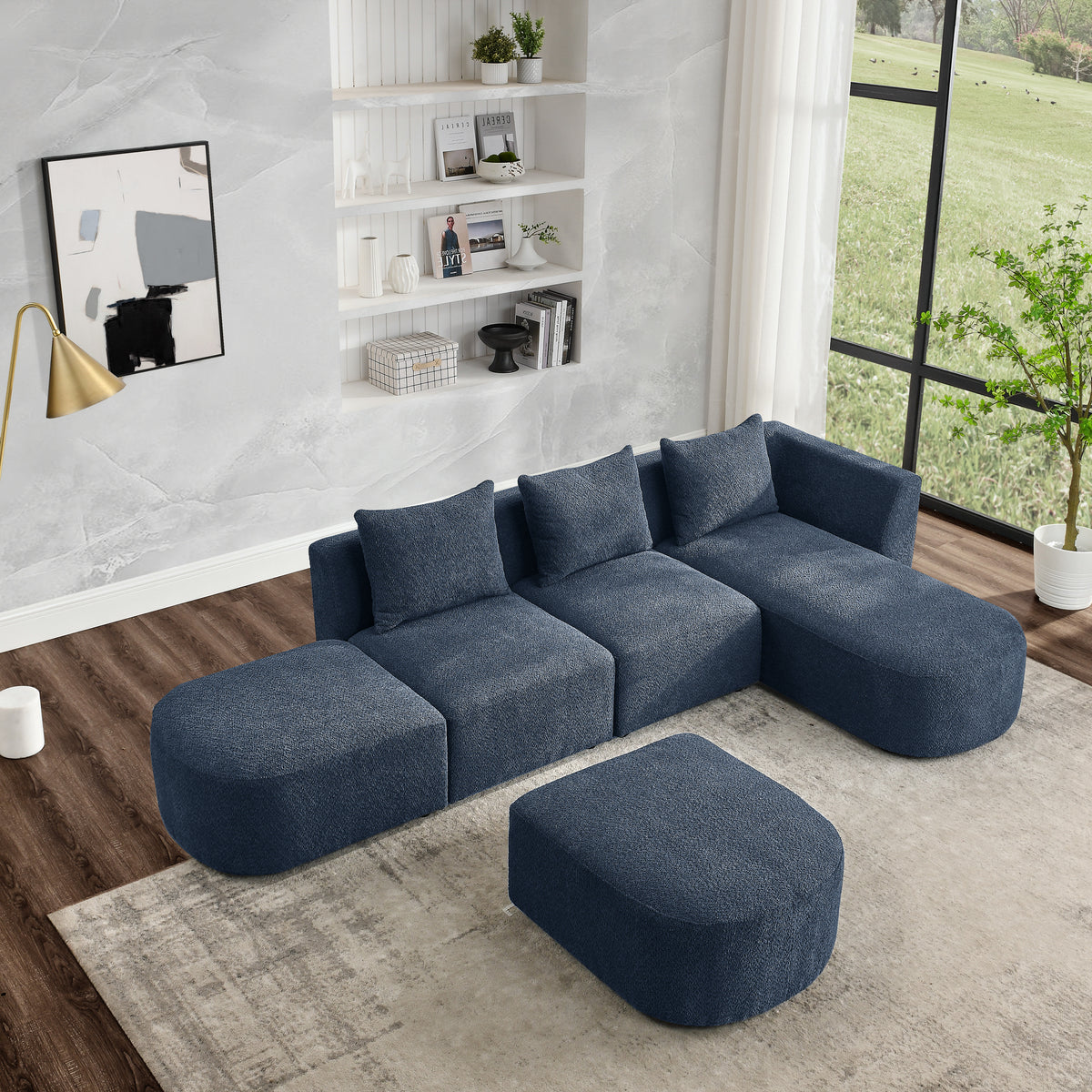 L Shape Sectional Sofa with Right Side Chaise and Ottoman, Modular Sofa, DIY Combination, Loop Yarn Fabric, Navy W487S00161-djyc