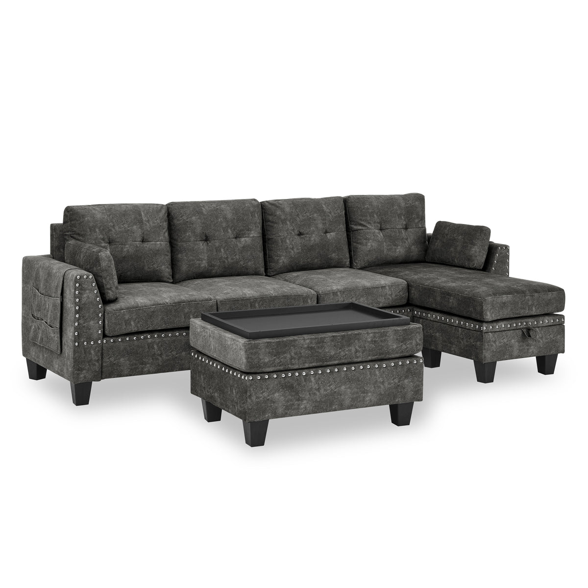 Sectional 3-Seaters Sofa ,Double-sided multi-functional footstool, storage mat , Non-slip leg, two pillows, Velvet, Dark grey W487S00236-djyc