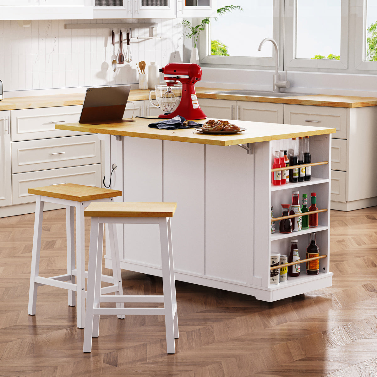 K&K 53inch Large Kitchen Island with 2 Bar Stools, Power Outlet,Door Internal Storage Rack, Kitchen Storage Cart on 5 Wheels with Drop Leaf, 5 Open Side Racks, 3 Drawers, for Kitchen,Dining Room,White N707S000007W-djyc