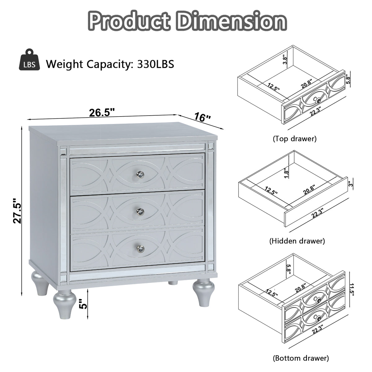 Contemporary Nightstands with mirror frame accents, Bedside Table with two drawers and one hidden drawer, End Table with Crystal Pull for Living Room,Bedroom, Silver W1998131734-djyc