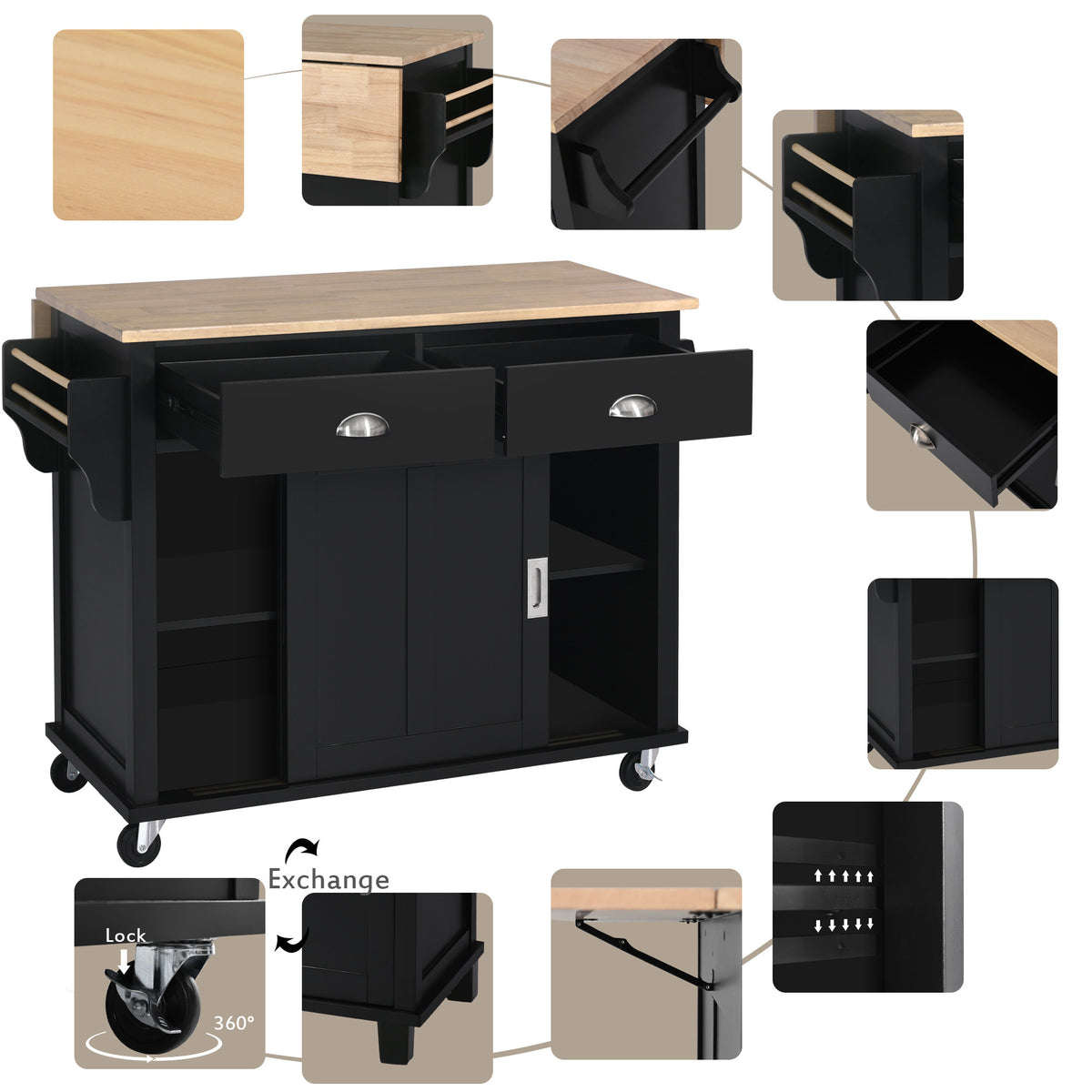 Kitchen Cart with Rubber wood Drop-Leaf Countertop, Concealed sliding barn door adjustable height,Kitchen Island on 4 Wheels with Storage Cabinet and 2 Drawers,L52.2xW30.5xH36.6 inch, Black SK000001AAB-djyc