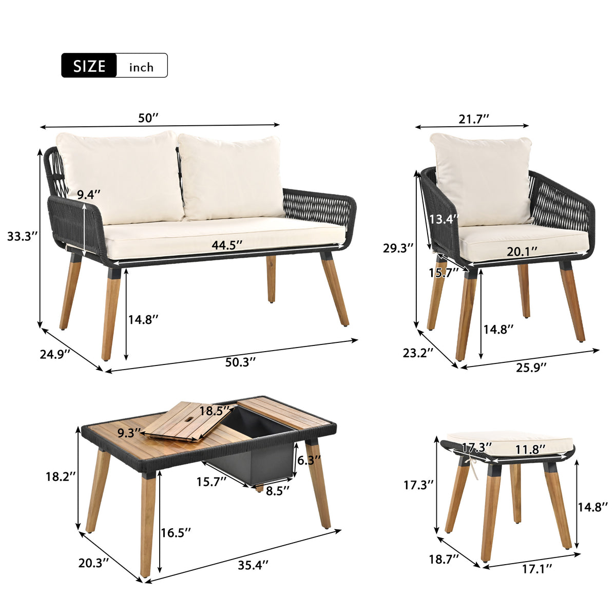 K&K 6-Piece Rope Patio Furniture Set, Outdoor Furniture with Acacia Wood Cool Bar Table with Ice Bucket , Deep Seat Patio Conversation Set with Two Stools for Backyard Porch Balcony (Black & Beige) SK000005AAA-djyc