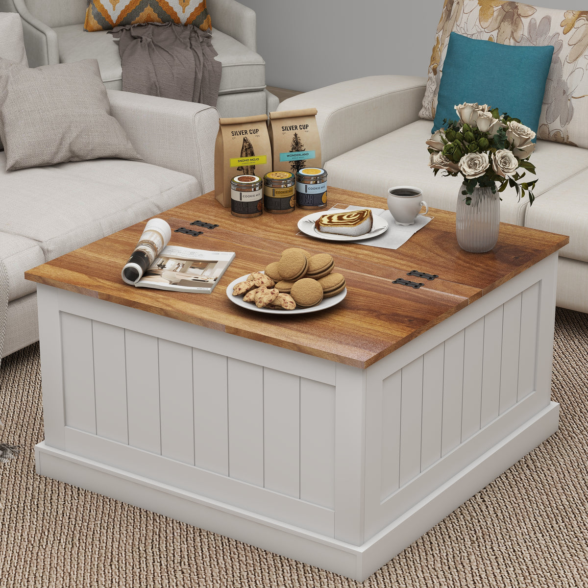 31.5" Farmhouse Coffee Table, Square Wood Center Table with Hinged Lift Top, Rustic Cocktail Table with Large Hidden Storage Compartmen for Living Room-White W282P160415-djyc