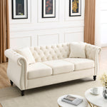 [Video] 80' Chesterfield Sofa Beige Velvet for Living Room, 3 Seater Sofa Tufted Couch with Rolled Arms and Nailhead for Living Room, Bedroom, Office, Apartment, two pillowsW834S00008 W834S00114-djyc