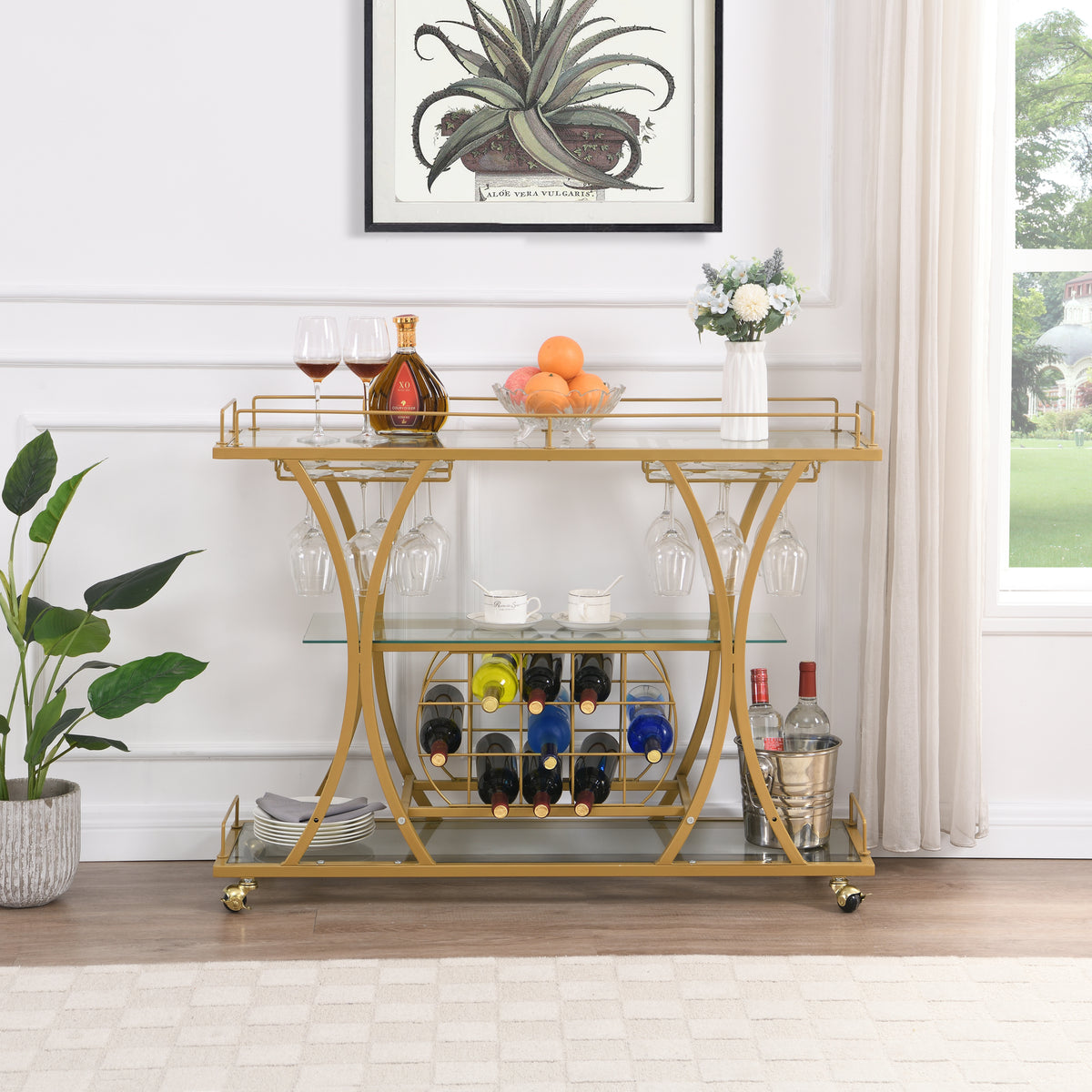 Golden Bar Cart with Wine Rack Tempered Glass Metal Frame Wine Storage W821P184472-djyc