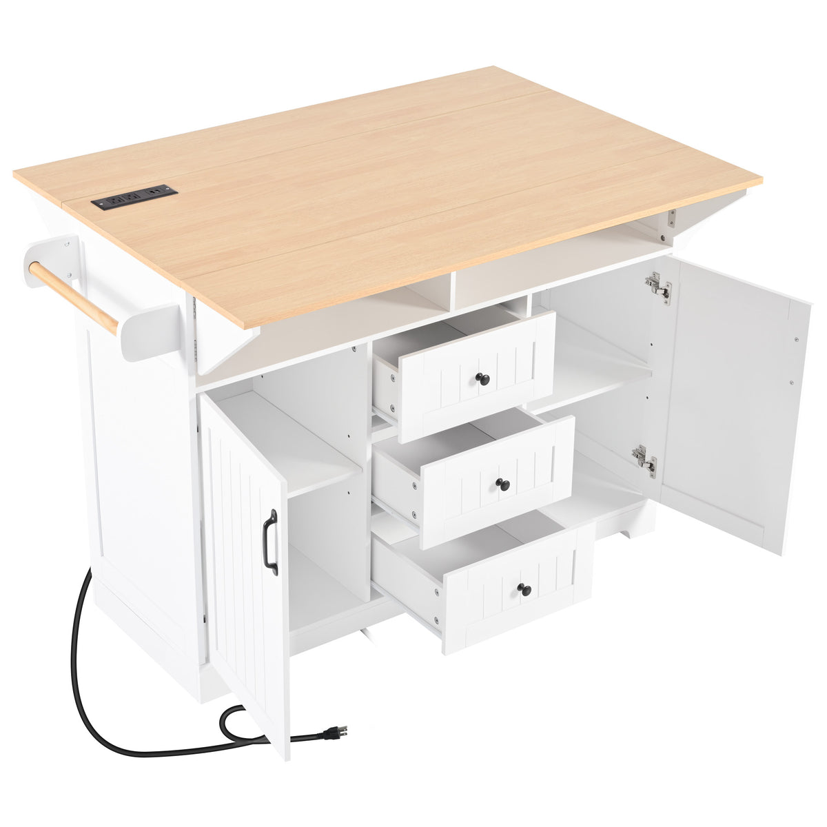 K&K 55.7'' Large Kitchen Island with 2 Drop Leaf,, Rolling Kitchen Cart on 5 Wheels with Power Outlet, Folding Storage Dining Table with Spice & Towel Rack , 3 Drawers, for Kitchen, Dining Room,White N707P186617W-djyc