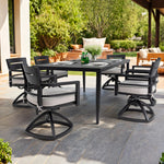 7-Piece Outdoor Patio Aluminum Furniture, Modern Dining Set, including 6 Swivel Rockers Sunbrella Fabric Cushioned and Rectangle Dining Table with Umbrella Hole, Ember Black W1886S00007-djyc